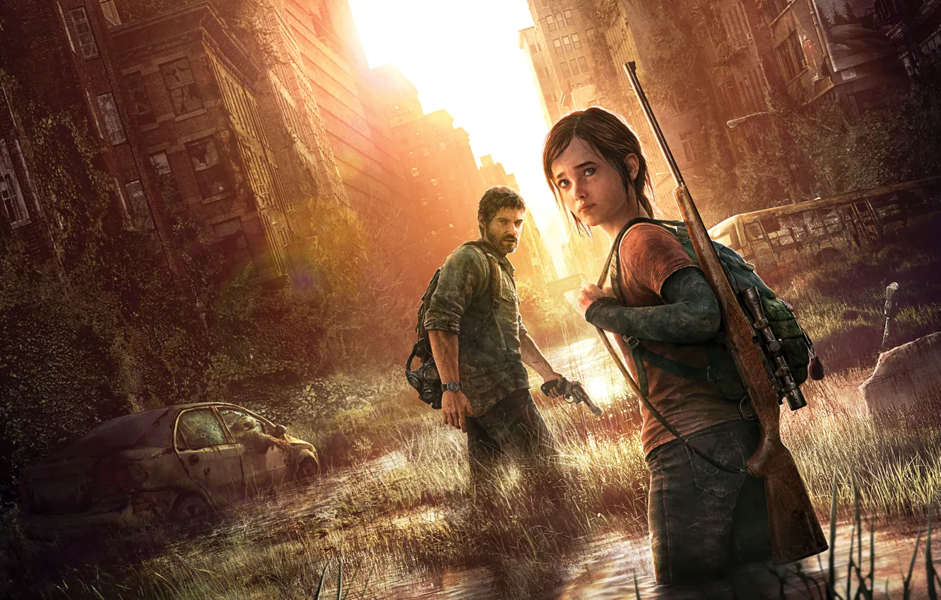 Фото обои Город, Небоскребы, Элли, Двое, Game, Винтовка, Джоэл, Naughty Dog