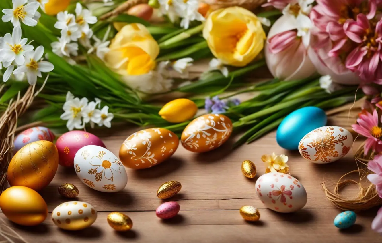 Фото обои цветы, яйца, весна, colorful, Пасха, happy, flowers, spring