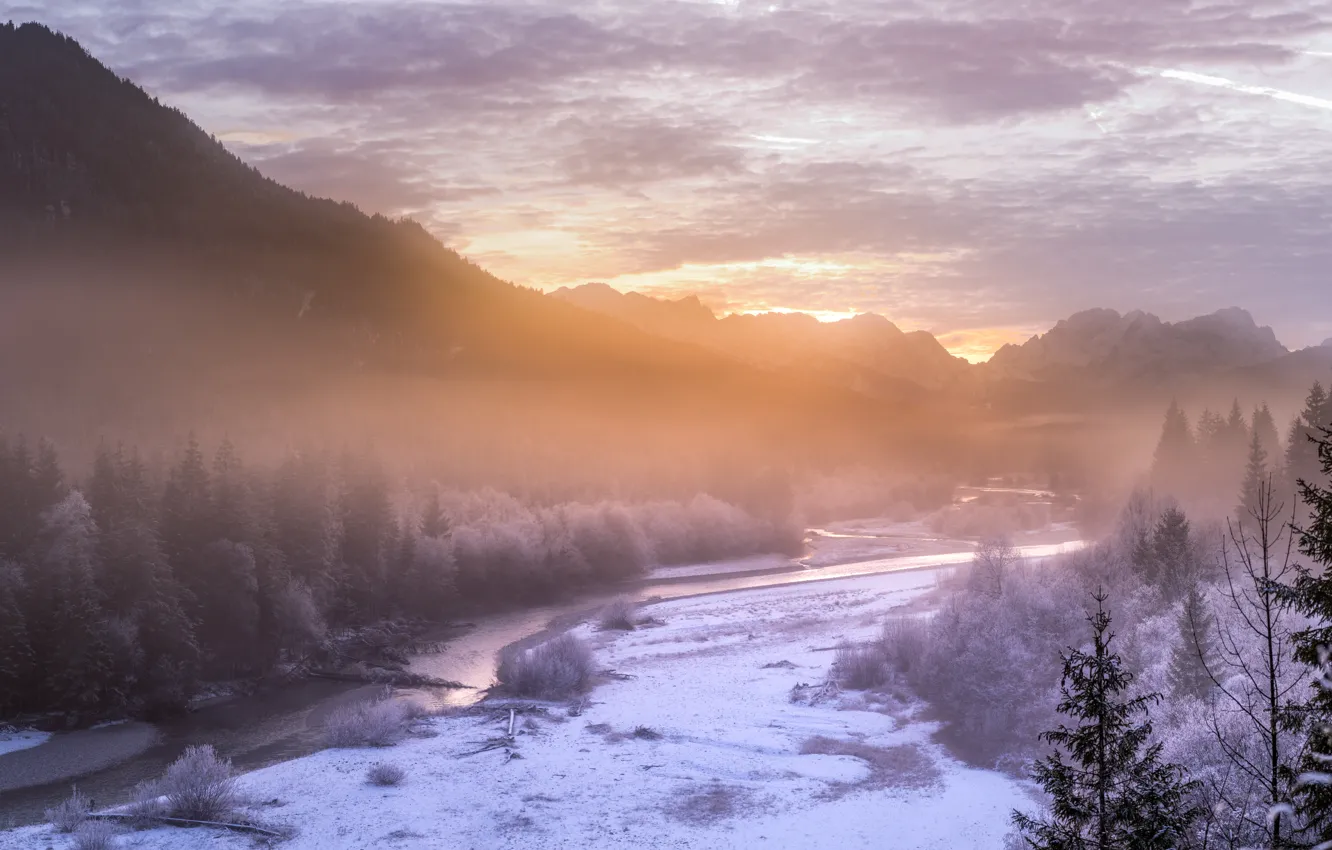 Фото обои зима, иней, лес, снег, горы, туман, река, утро