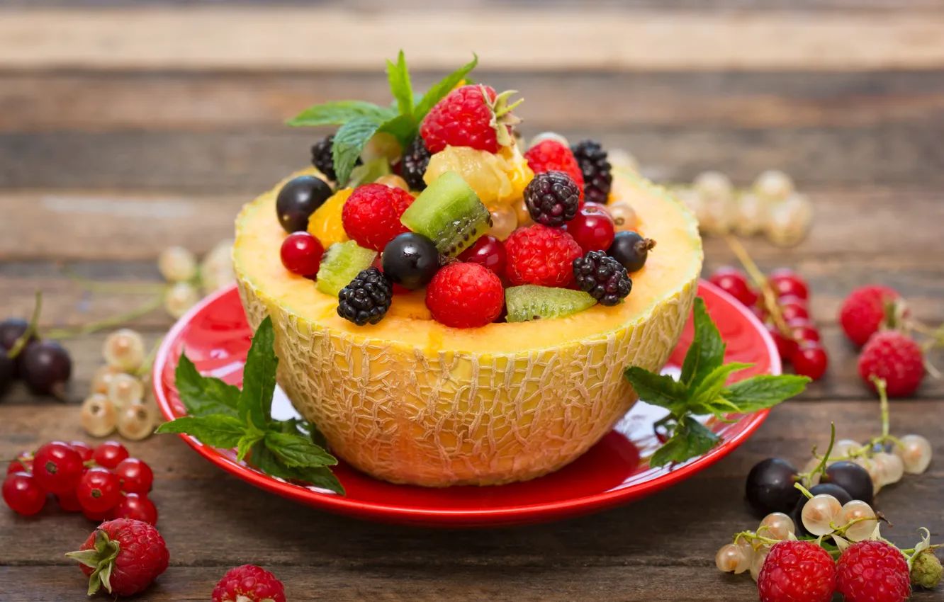 Фото обои ягоды, малина, клубника, фрукты, смородина, дыня, салат, dessert