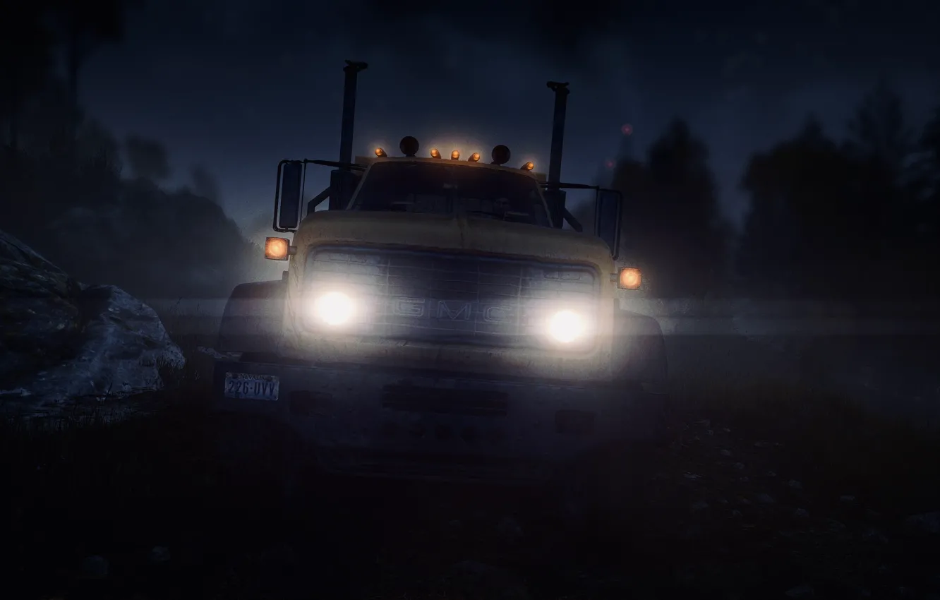 Фото обои HDR, light, game, trees, wood, night, truck, UHD