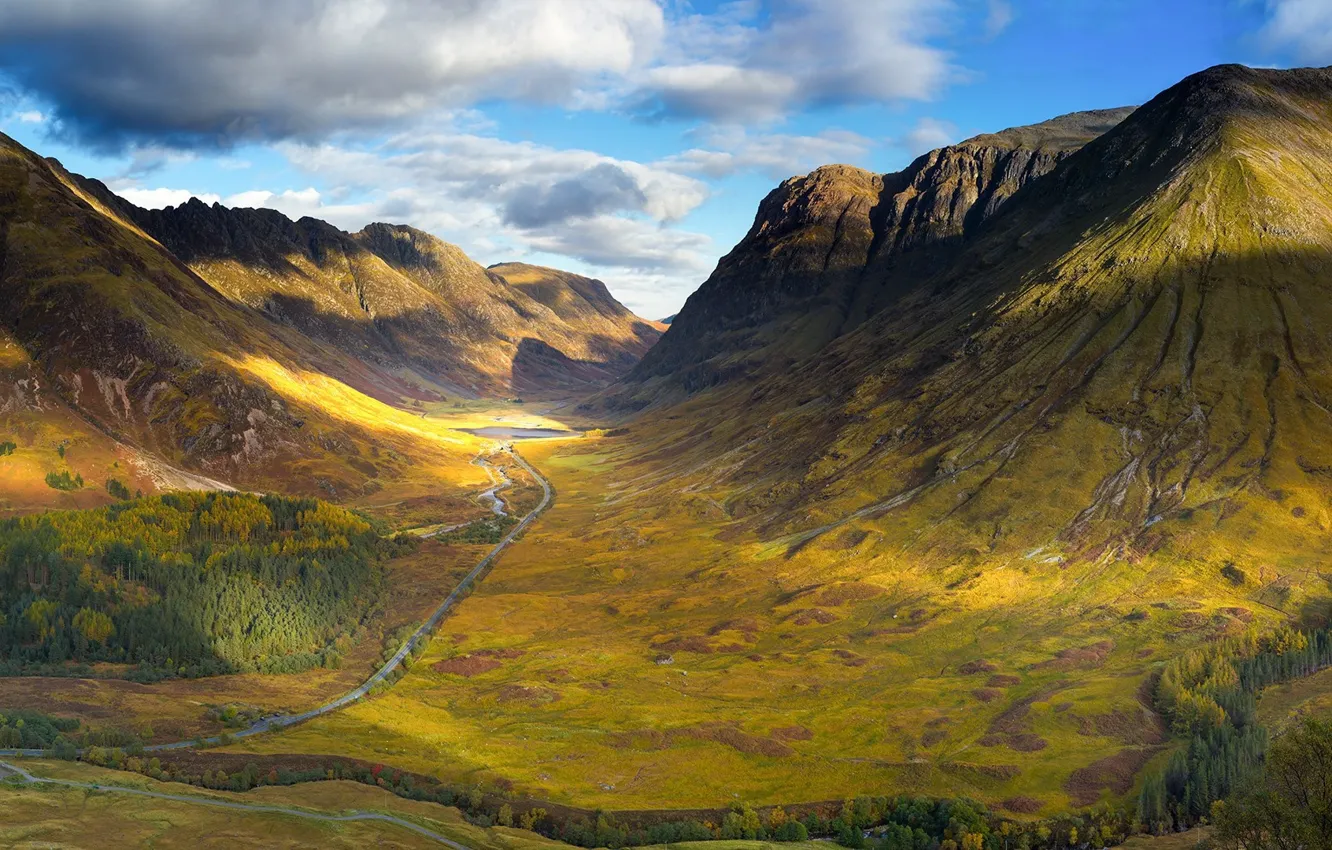 Фото обои дорога, горы, долина, Шотландия, Glen Coe in the Highlands of Scotland