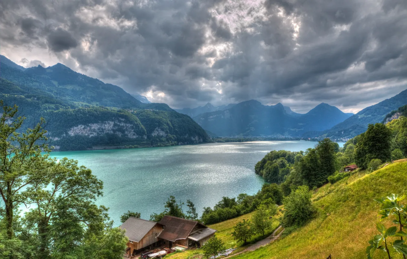 Фото обои облака, деревья, горы, озеро, дома, Швейцария, Альпы, Switzerland