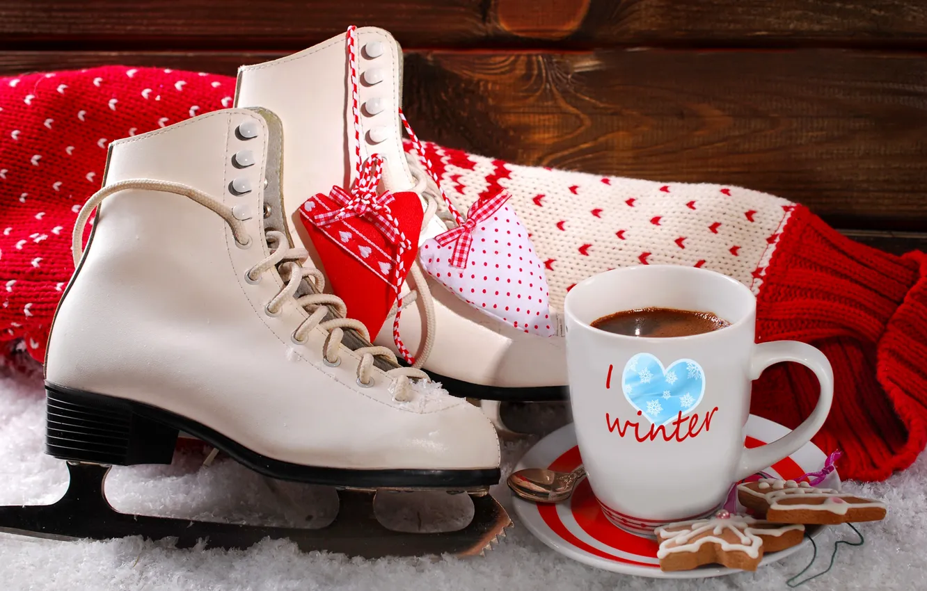 Фото обои зима, снег, любовь, праздник, сердце, кофе, печенье, чашка