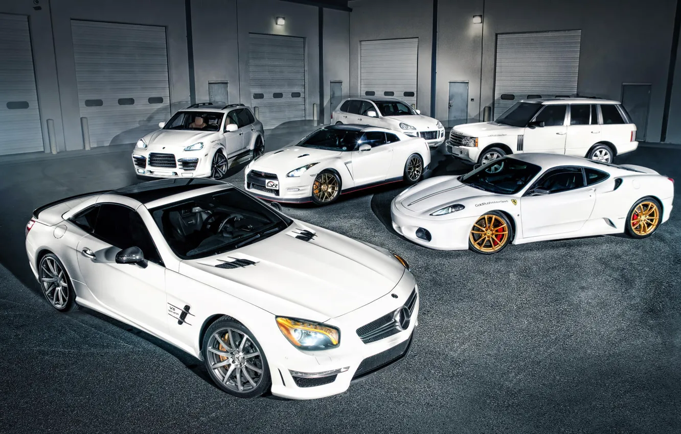 Фото обои Mercedes-Benz, Porsche, F430, Ferrari, Nissan, white, GT-R, Land Rover