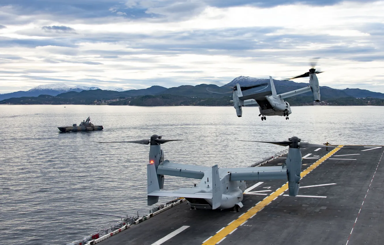 Фото обои Море, Конвертоплан, Норвежское море, US NAVY, MV-22B Osprey, US Marine Corps, ВМС Норвегии, HNoMS Storm …