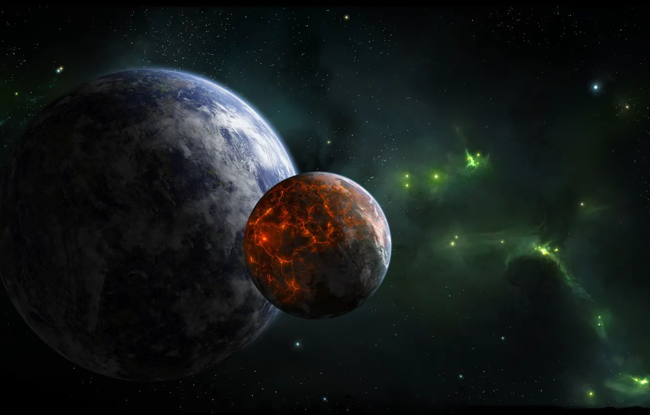 Фото обои звезды, туманность, планета, спутник, зеленая, вулканическая, активность