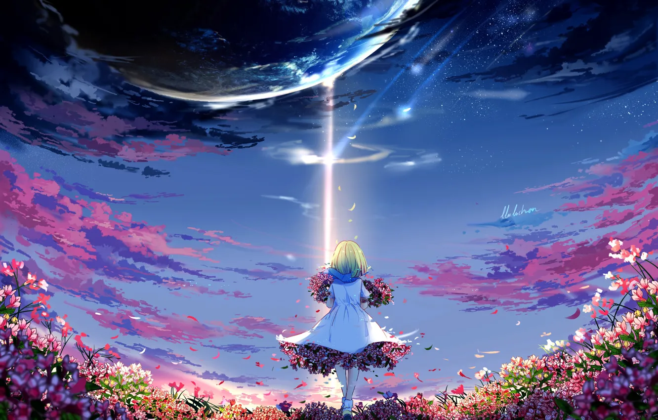 Фото обои цветы, планета, аниме, арт, девочка