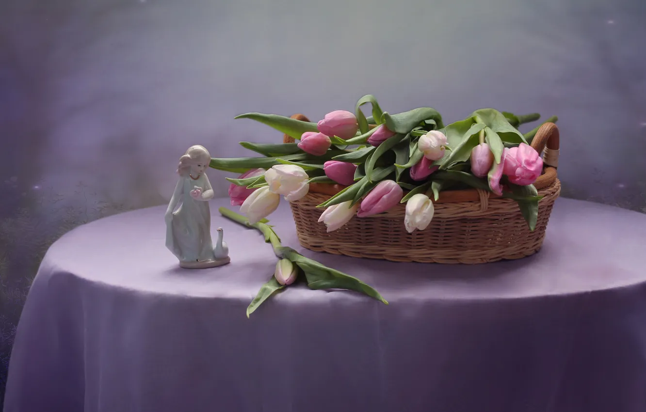 Фото обои цветы, стол, тюльпаны, статуэтка, корзинка, скатерть, фигурка, Ковалёва Светлана