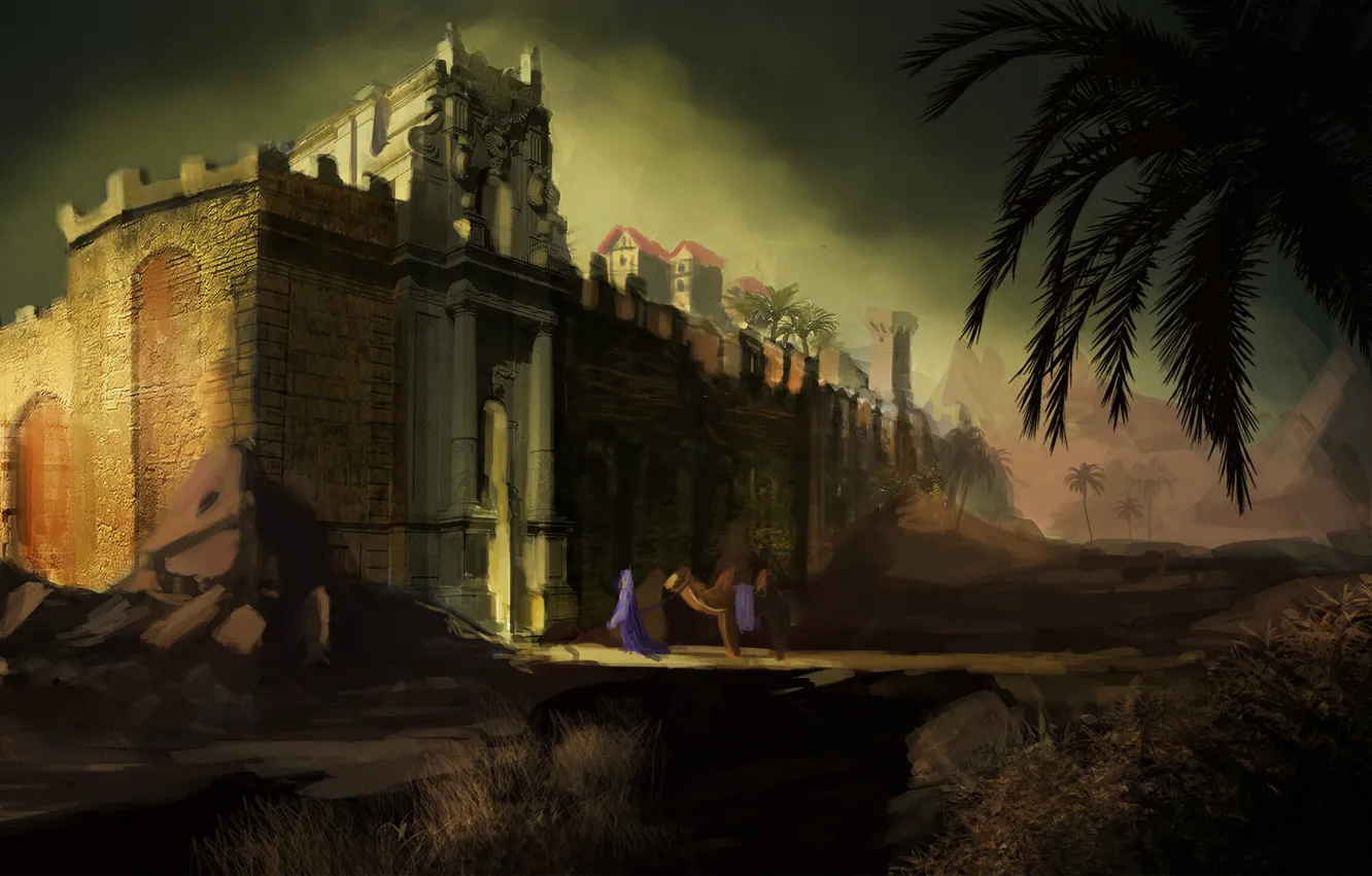 Фото обои горы, пальмы, верблюд, крепость, The Wall