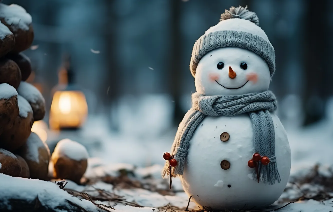 Фото обои зима, снег, Рождество, Новый год, снеговик, Christmas, winter, snow