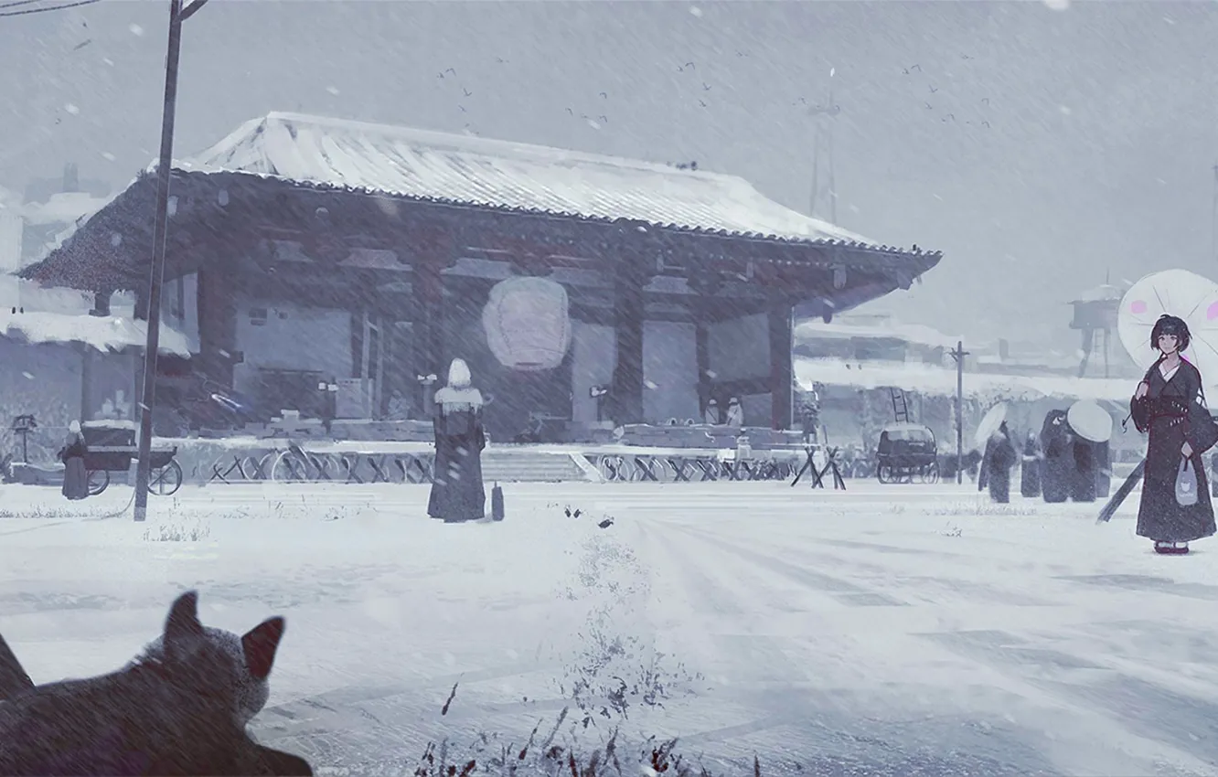 Фото обои зима, люди, японка, зонт, Япония, храм, кимоно, снегопад