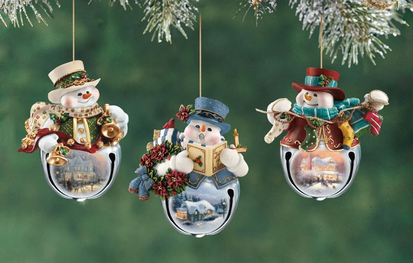 Фото обои украшения, снеговики, Christmas, фигурки, весёлые, Томас Кинкейд, Thomas Kinkade, Новогодние