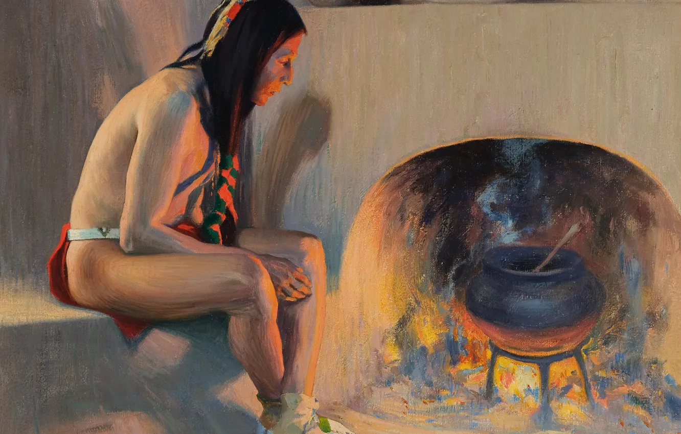 Фото обои огонь, печка, котел, 1917, Eanger Irving Couse, A Pueblo Fireplace
