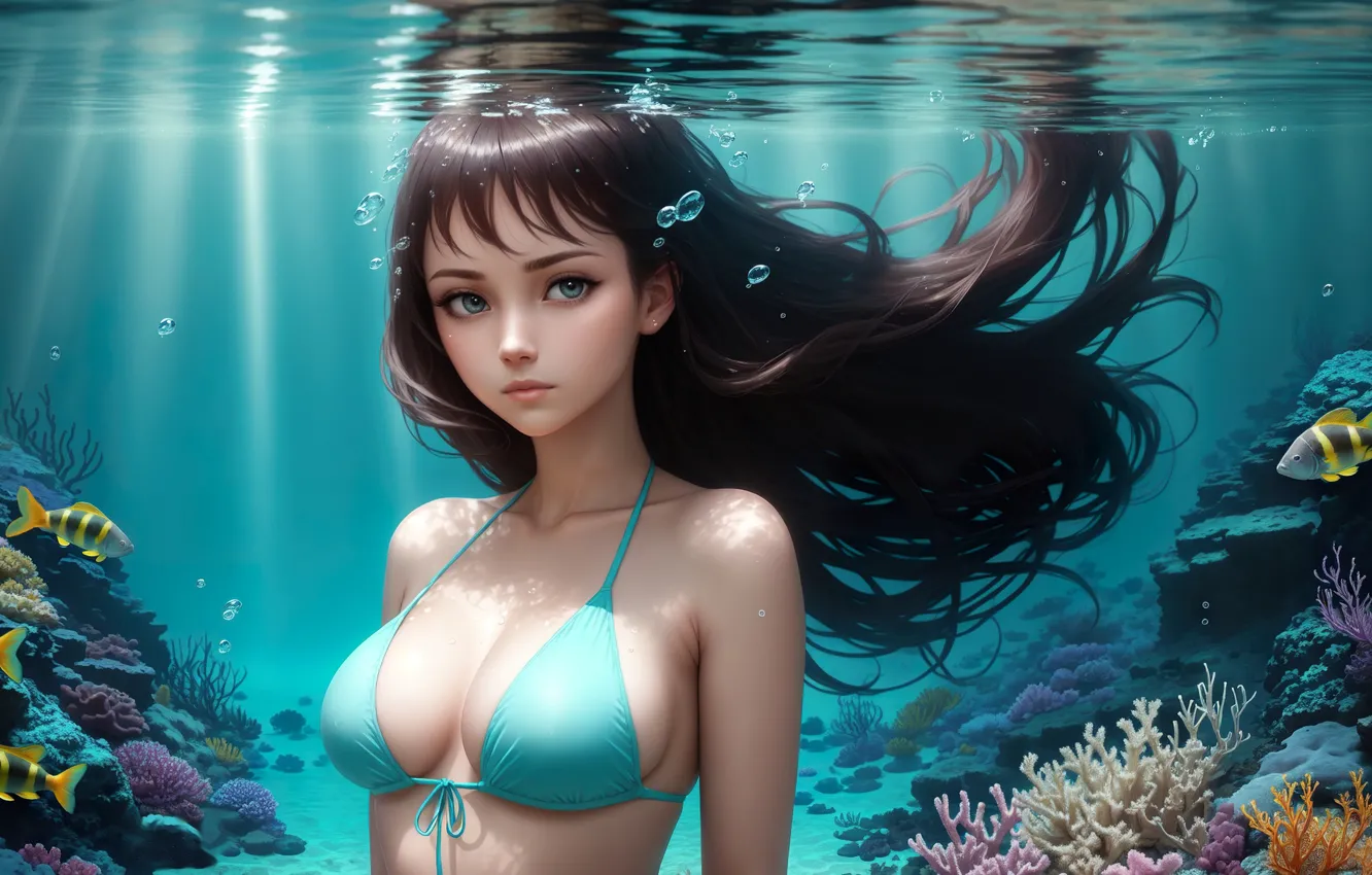 Фото обои Girl, Fish, wallpaper, Anime, Water, picture, Sea