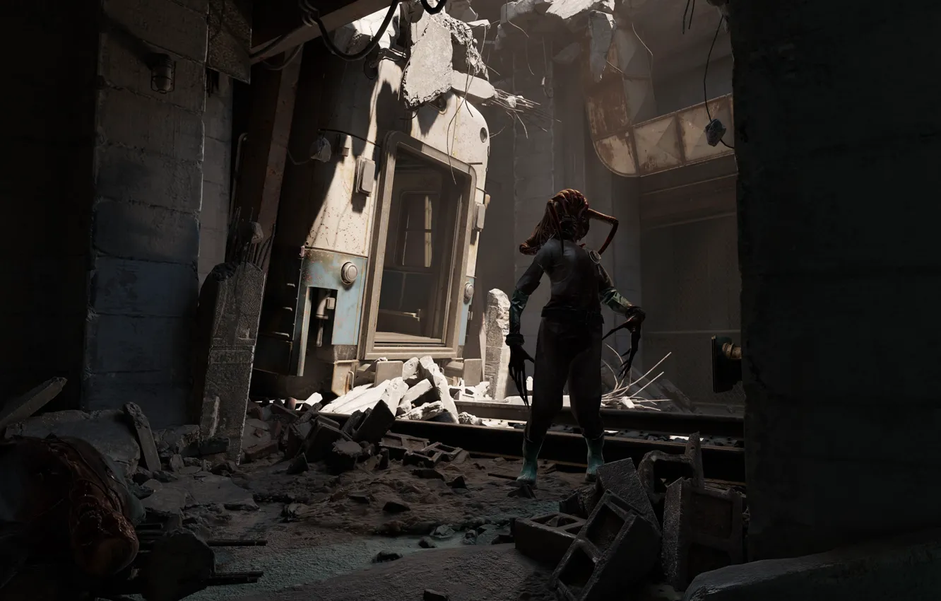 Фото обои монстр, тень, зомби, руины, хэдкраб, Half-Life Alyx