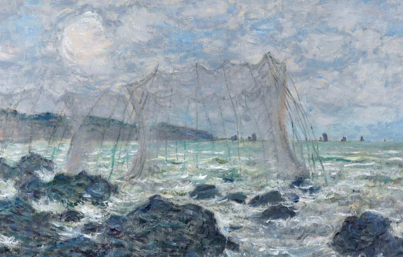 Фото обои картина, морской пейзаж, Клод Моне, Рыболовные Сети в Пурвиле