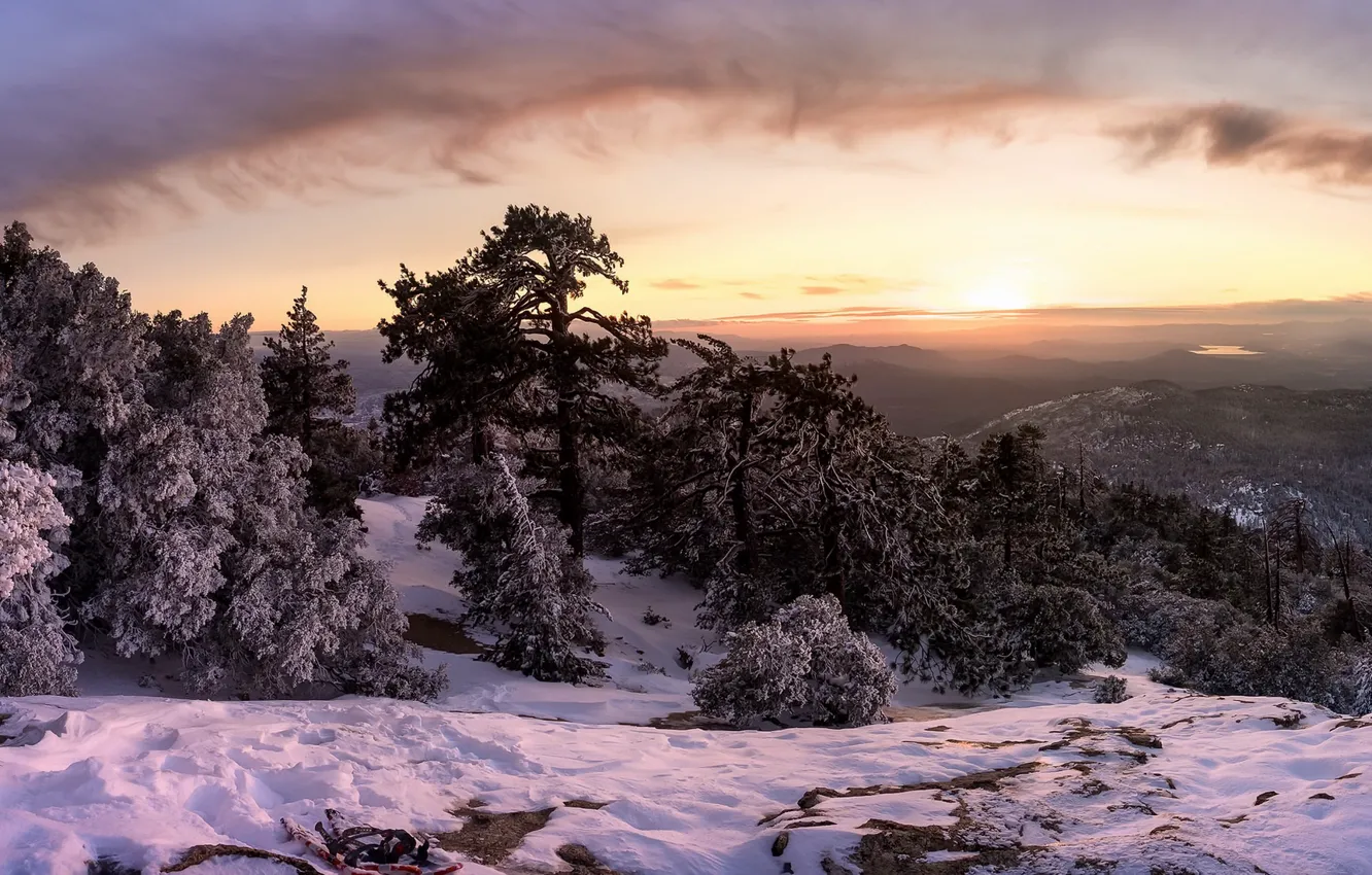 Фото обои зима, закат, горы
