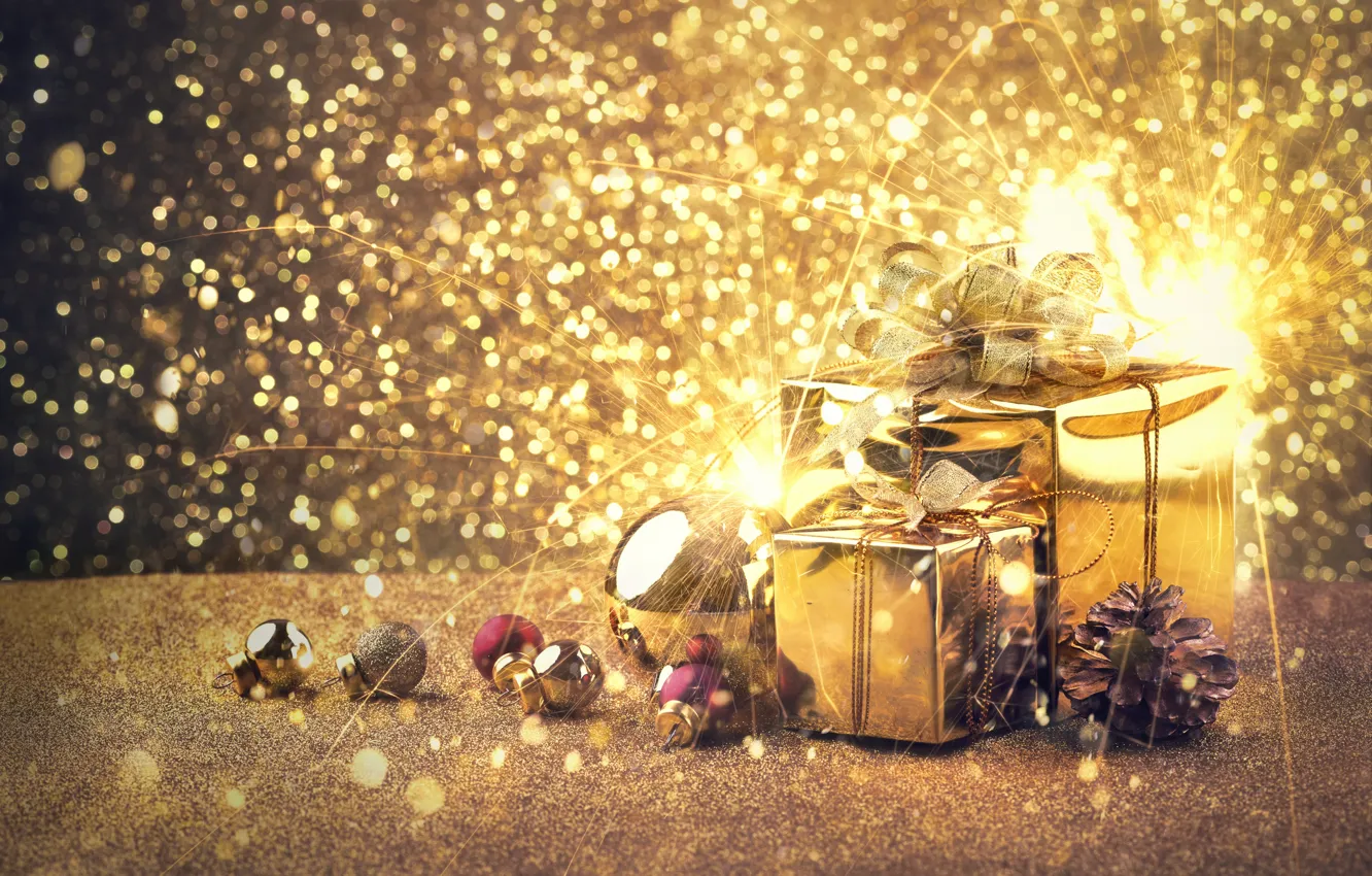 Фото обои фон, золото, блеск, новый год, подарки