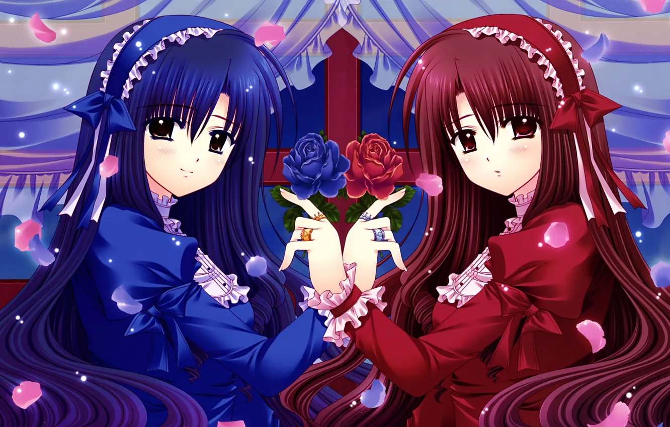 Фото обои цветы, девушки, красное, розы, аниме, синее, платья