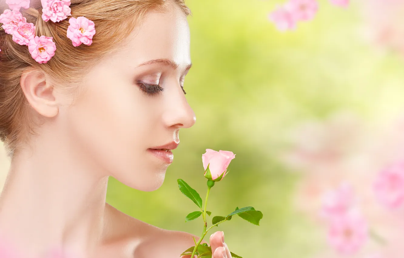Фото обои лето, девушка, цветы, лицо, роза, макияж, прическа, профиль