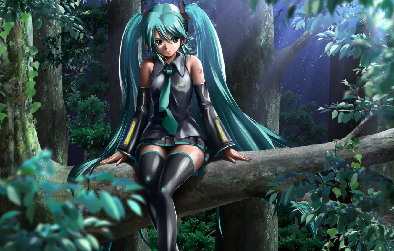 Фото обои лес, девушка, дерево, ветка, vocaloid, hatsune miku, сидя