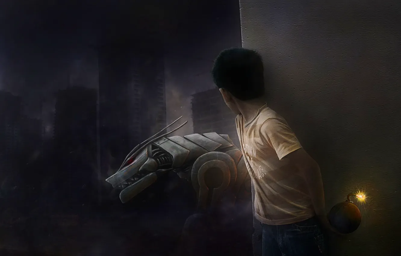 Фото обои рисунок, робот, бомба, мальчик