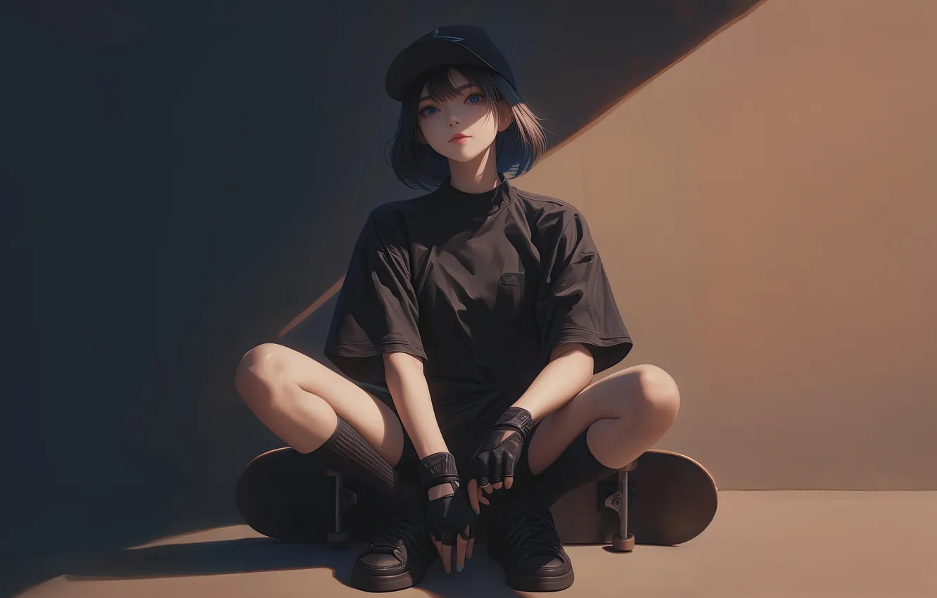 Фото обои girl, skateboarding, ai art