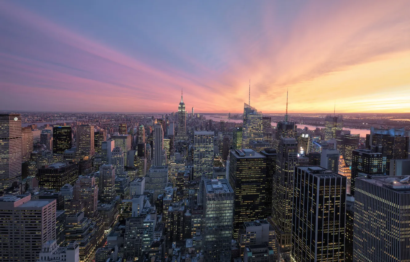 Фото обои город, рассвет, небоскребы, мегаполис, New York, Midtown, USА, Rockafeller Center