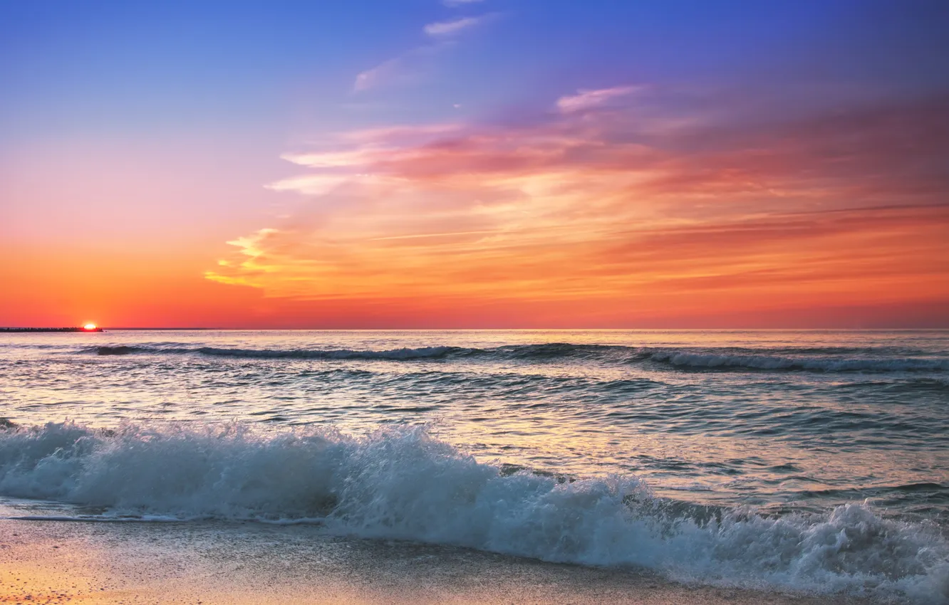 Фото обои море, закат, beach, sea, sunset, sand, wave