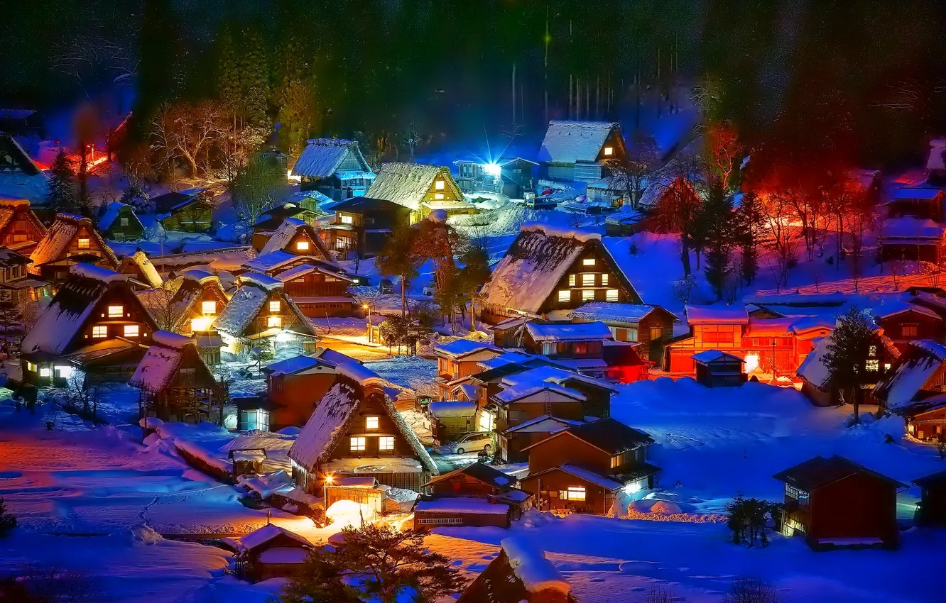 Фото обои зима, снег, деревья, ночь, огни, дома, поселок