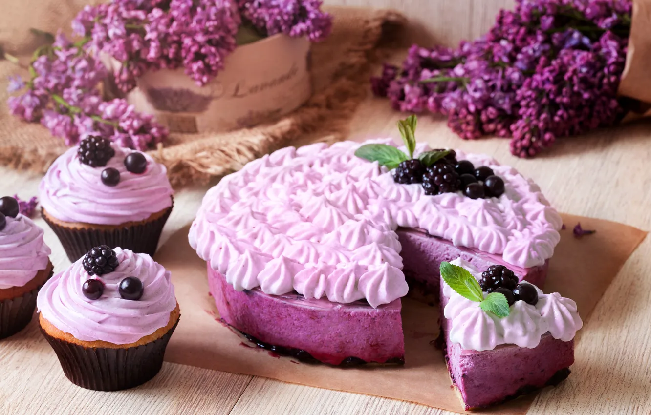 Фото обои ягоды, торт, cake, десерт, выпечка, сирень, ежевика, sweet