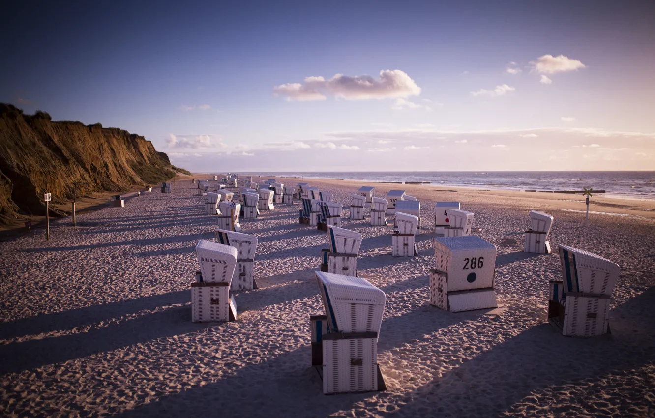 Фото обои beach, sunset, chairs
