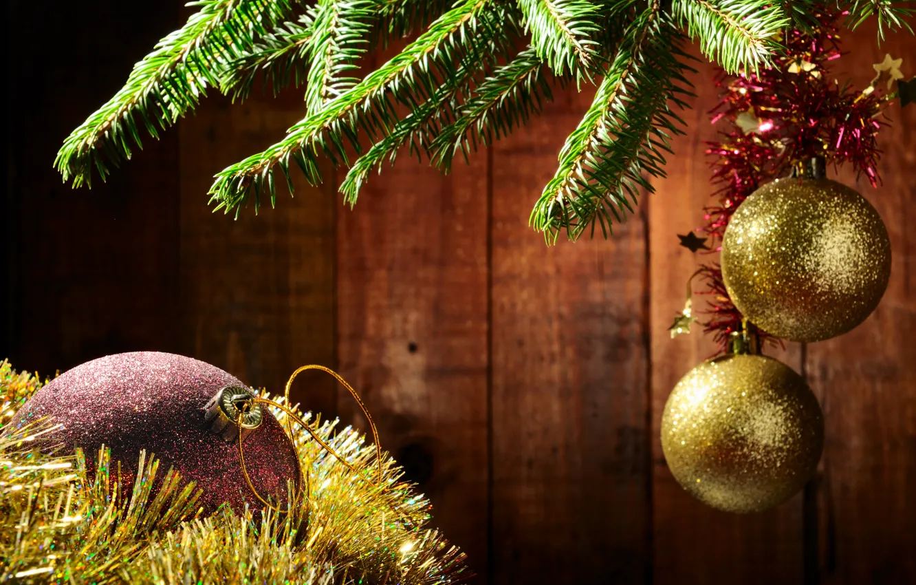 Фото обои шарики, ветки, праздник, игрушки, блеск, елка, Новый год