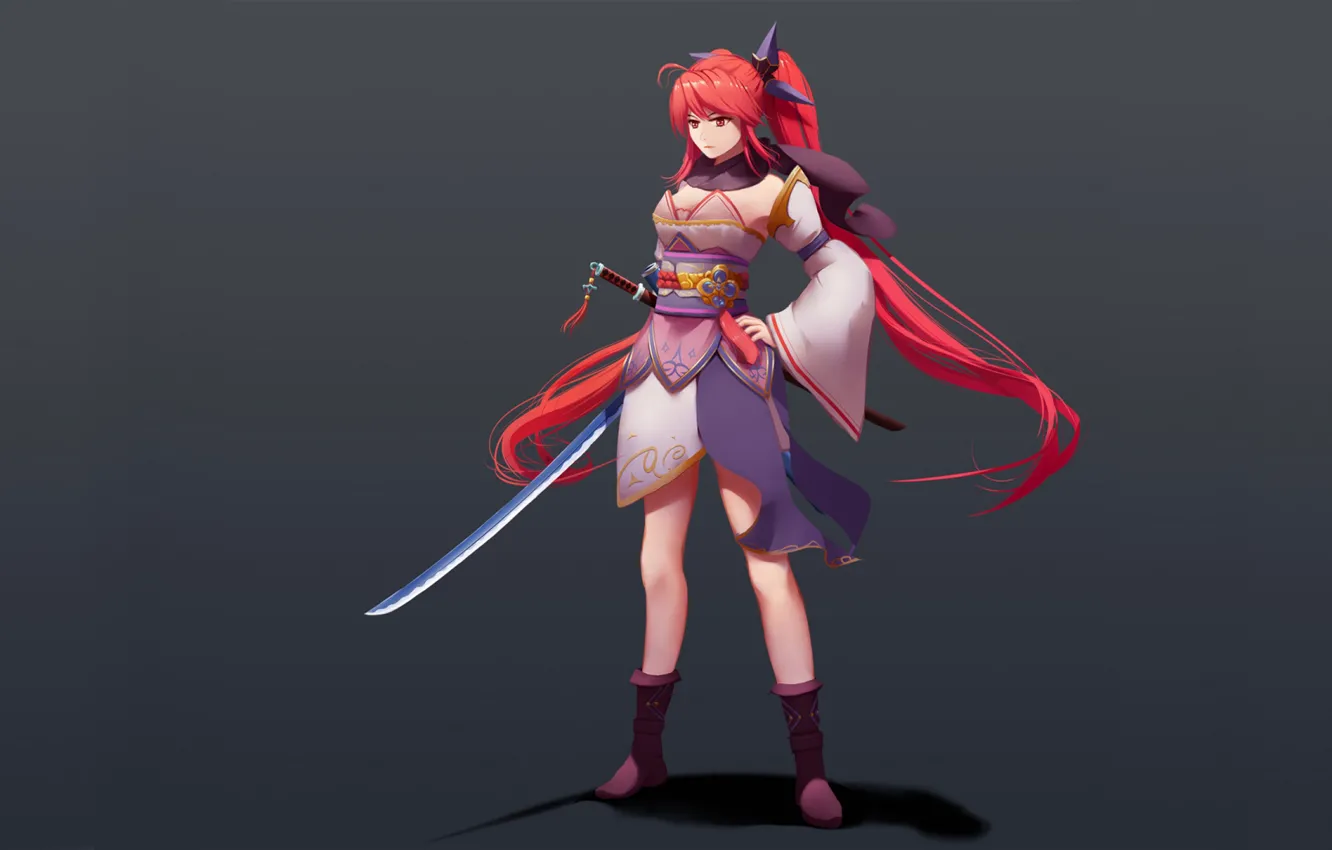 Фото обои девушка, меч, серый фон, красные волосы