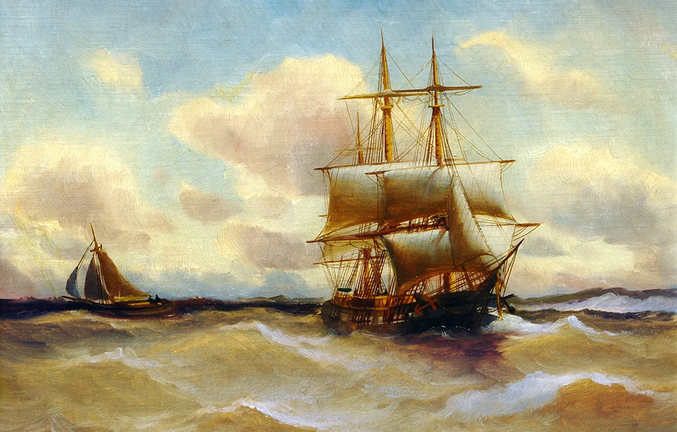 Фото обои море, волны, небо, пейзаж, шторм, лодка, корабль, картина