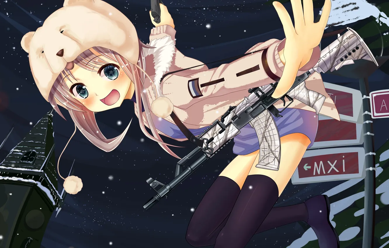 Фото обои девушка, звезды, снег, ночь, пистолет, оружие, шапка, аниме
