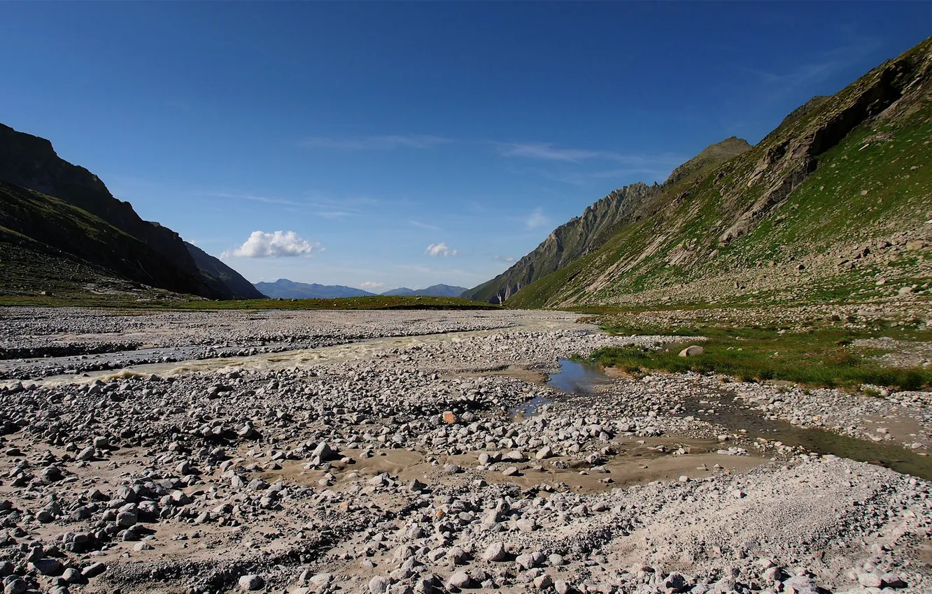 Фото обои вода, камни, холмы, долина, лужи