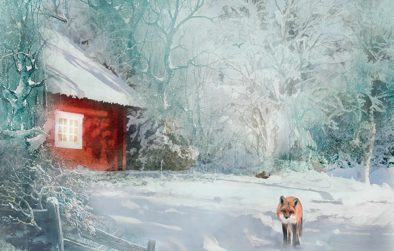 Фото обои зима, снег, деревья, рендеринг, лиса, домик, фотоарт