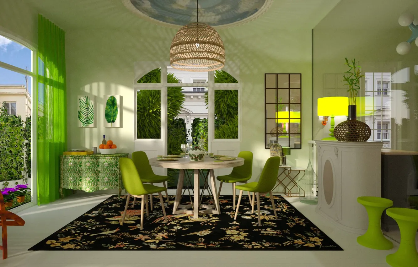 Фото обои комната, интерьер, столовая, green dining room
