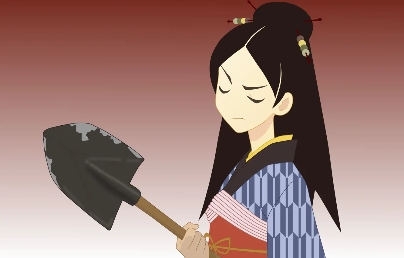 Фото обои японка, брюнетка, шпильки, кимоно, лопата, закрытые глаза, Sayonara Zetsubou Sensei, Прощай безрадостный сенсей