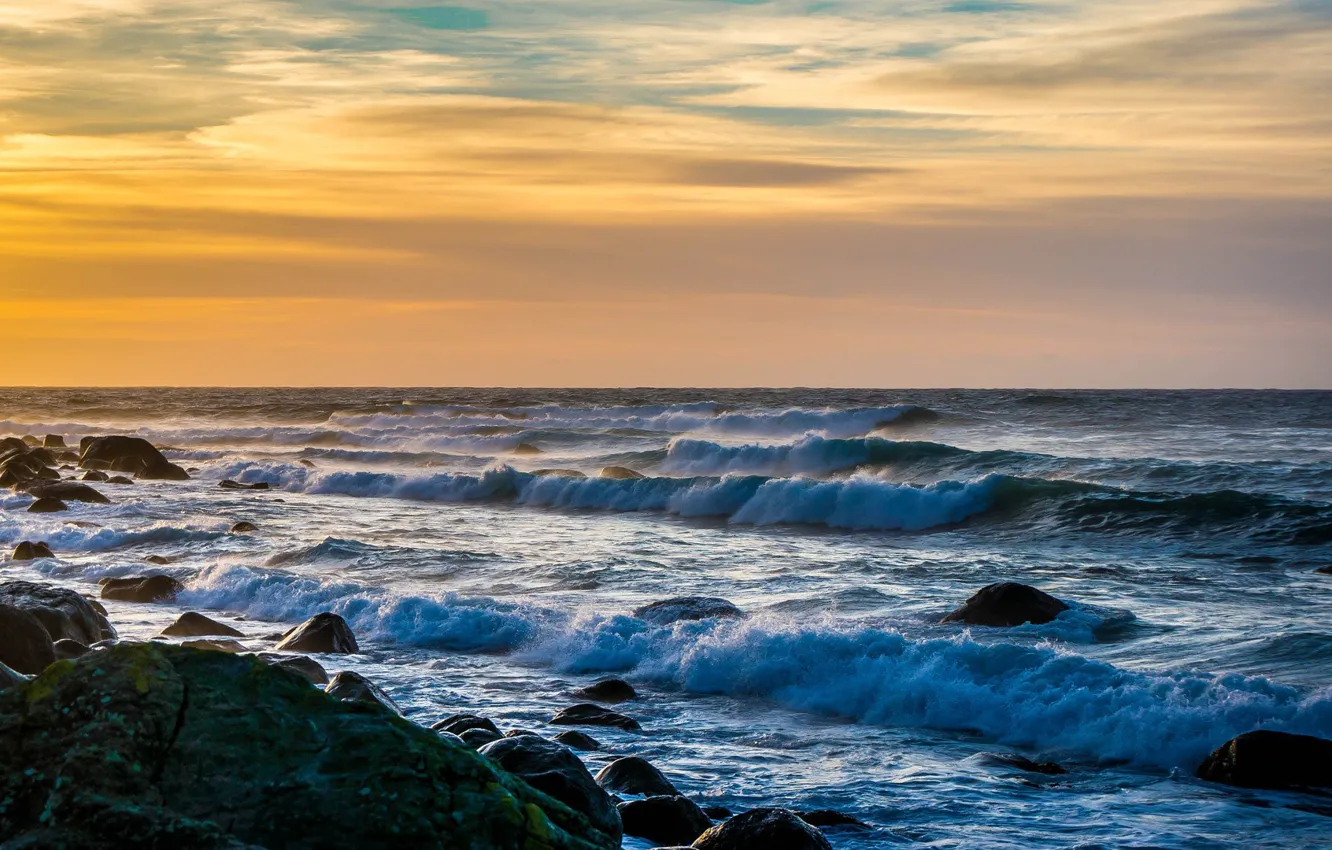 Фото обои waves, sky, landscape, coast, nature, sunset, clouds, rocks