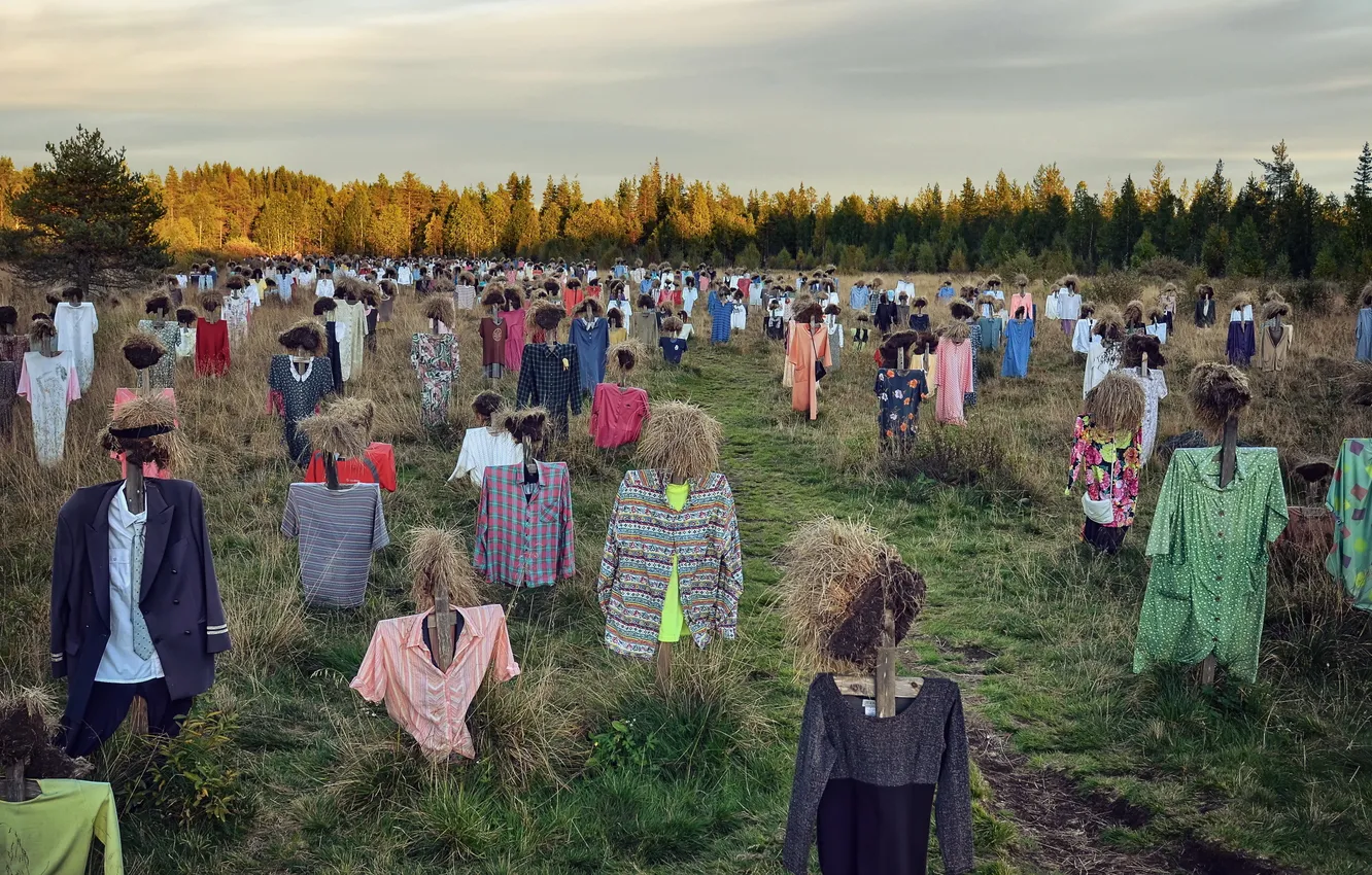 Фото обои поле, фон, пугало