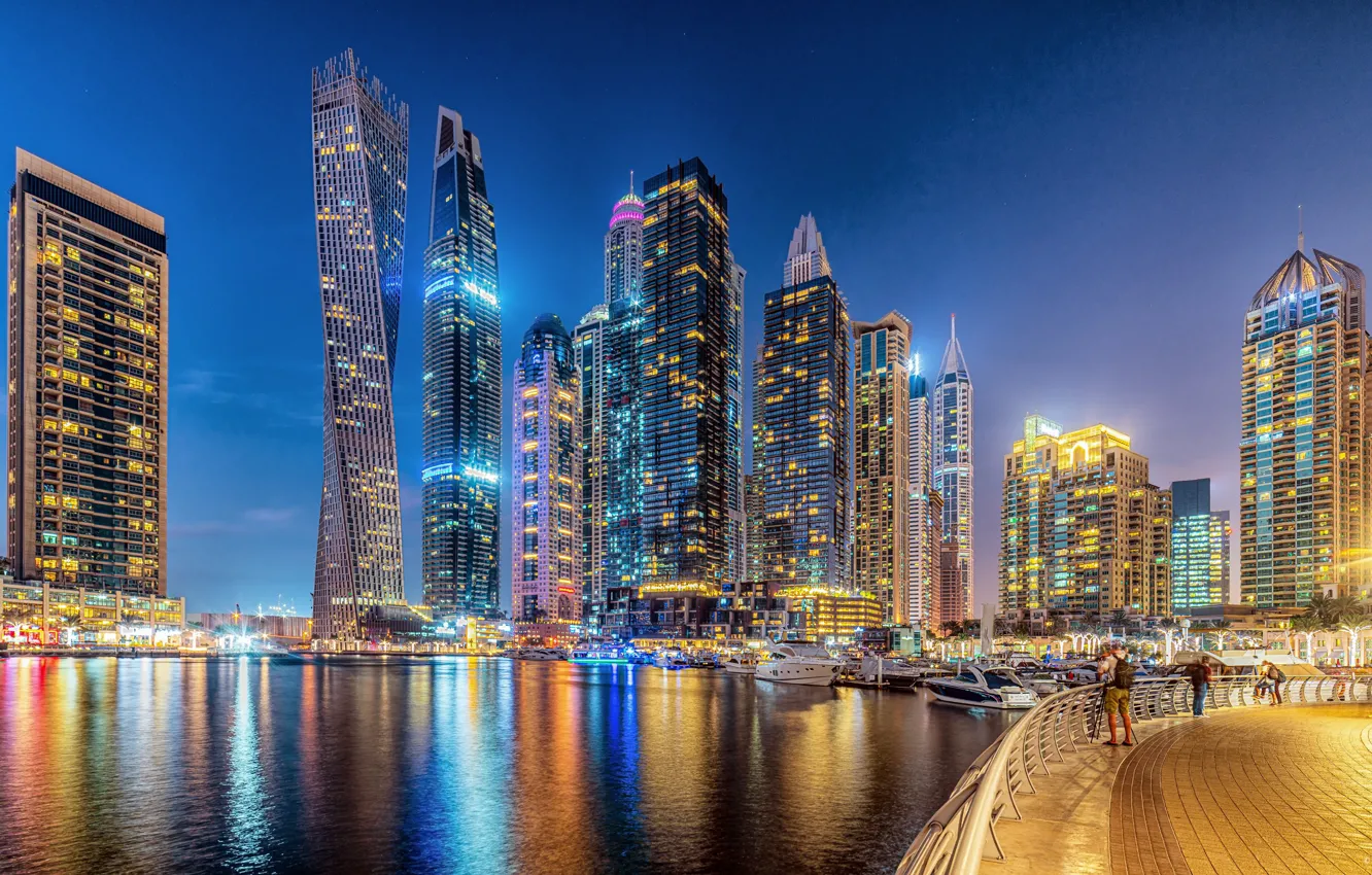 Фото обои здания, Дубай, архитектура, ночной город, Dubai, набережная, небоскрёбы, гавань