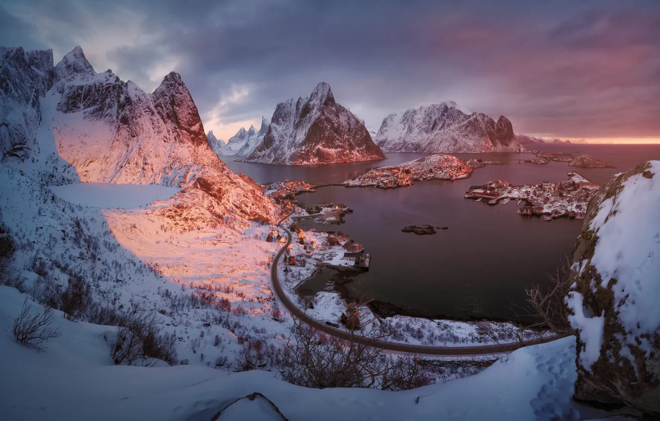 Фото обои зима, свет, горы, фьорд, Лофотенские острова