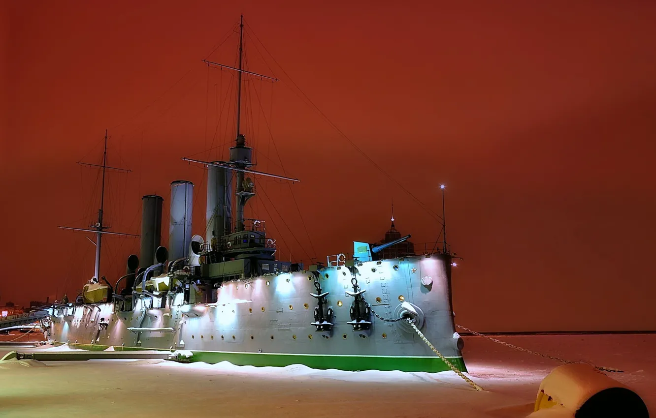 Фото обои зима, ночь, Аврора, крейсер