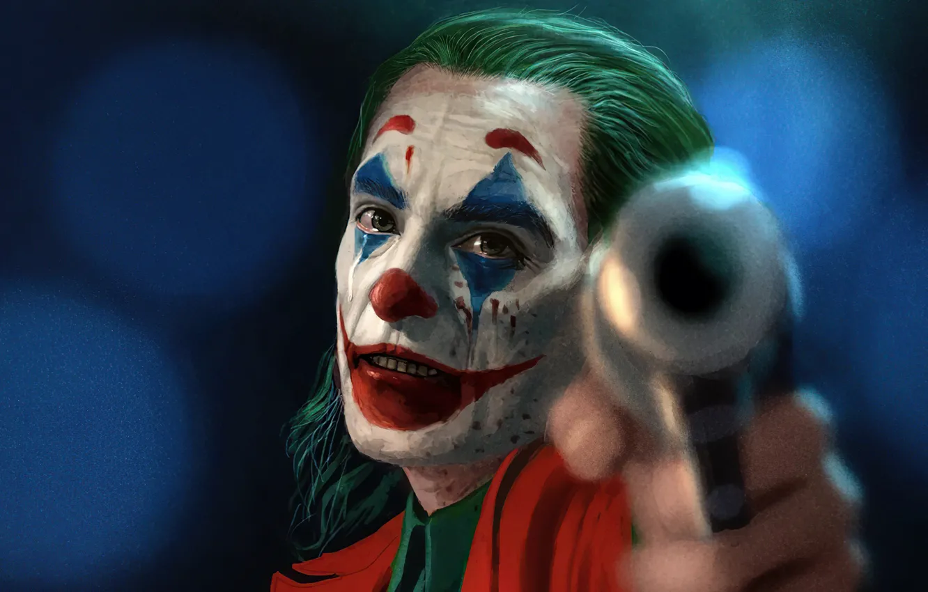 Фото обои оружие, слезы, Джокер, Joker, размытый фон, грим, дуло пистолета
