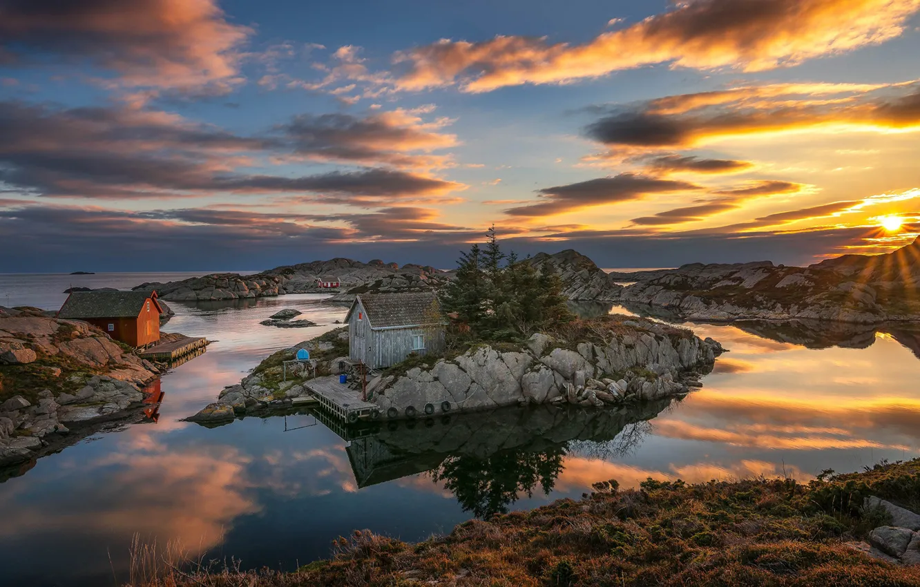 Фото обои небо, закат, озеро, скалы, домик, Norway, Bjоrkeland, Bjоrn Peder