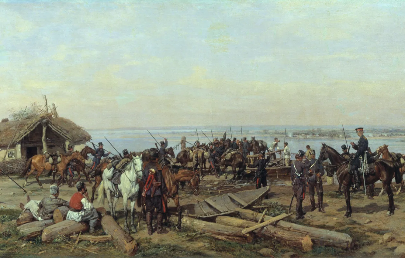 Фото обои лодка, масло, кони, Холст, 1880, Павел КОВАЛЕВСКИЙ, Переправа через Дунай