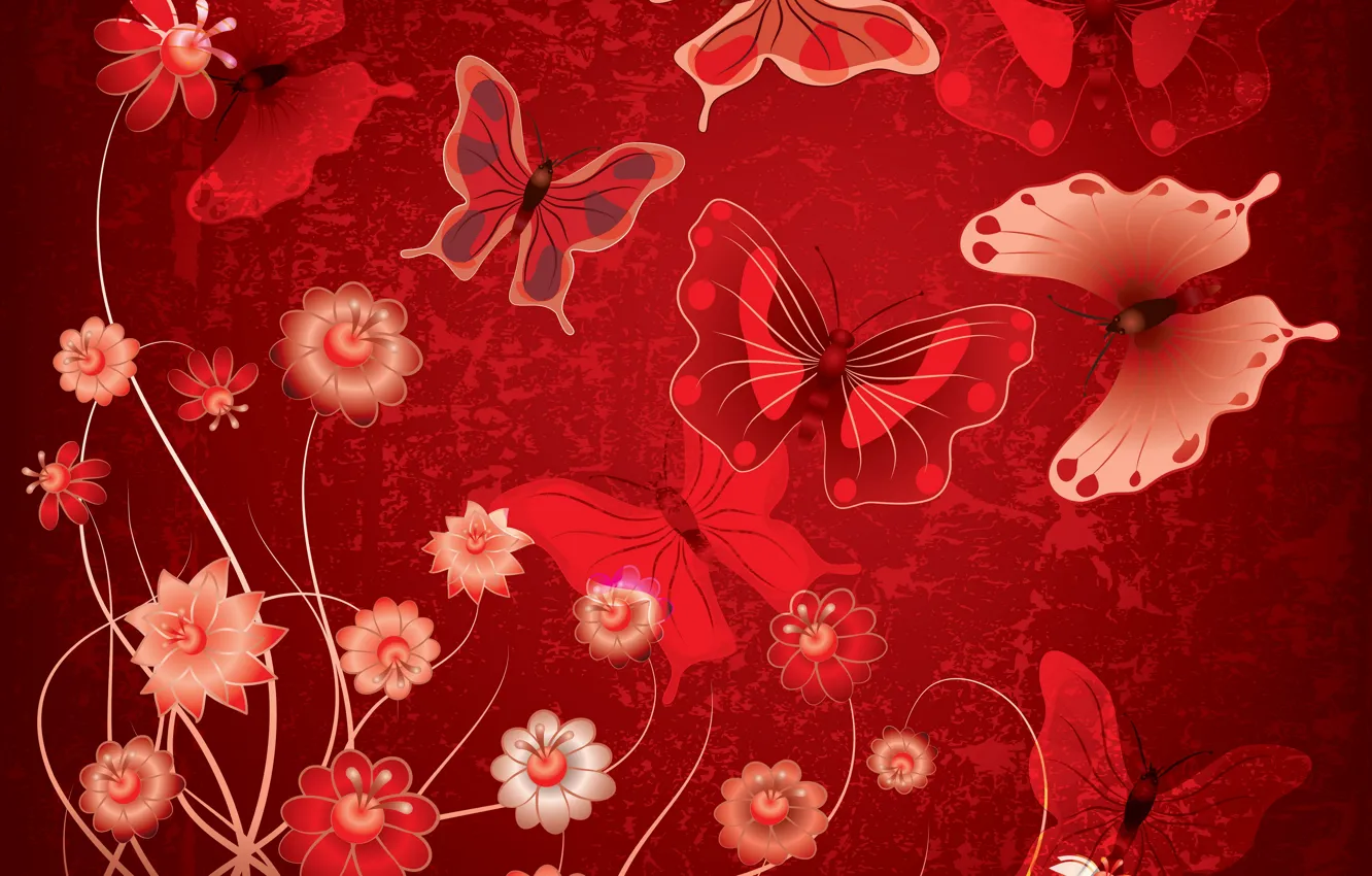 Фото обои бабочки, цветы, abstract, красные, design, flowers, grunge, butterflies